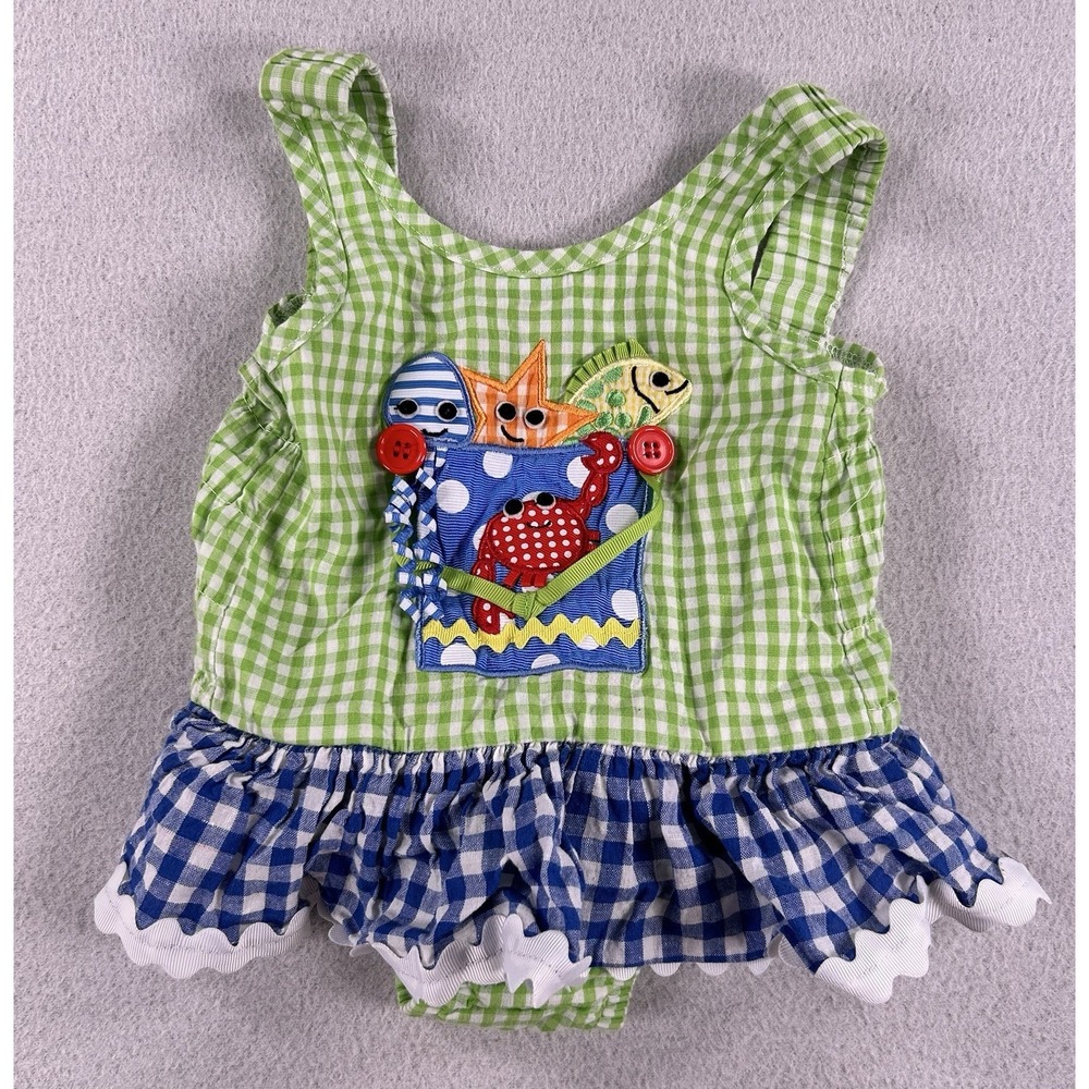 Mudpie Baby Beach Themed Gingham Appliqué Ruffled Dress/Bodysuit 12-18 months